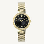 Versace VE2K00721 Greca ladies watch with polished gold-tone stainless steel case and bracelet, black dial, sapphire glass – luxury Swiss quartz timepiece for women.