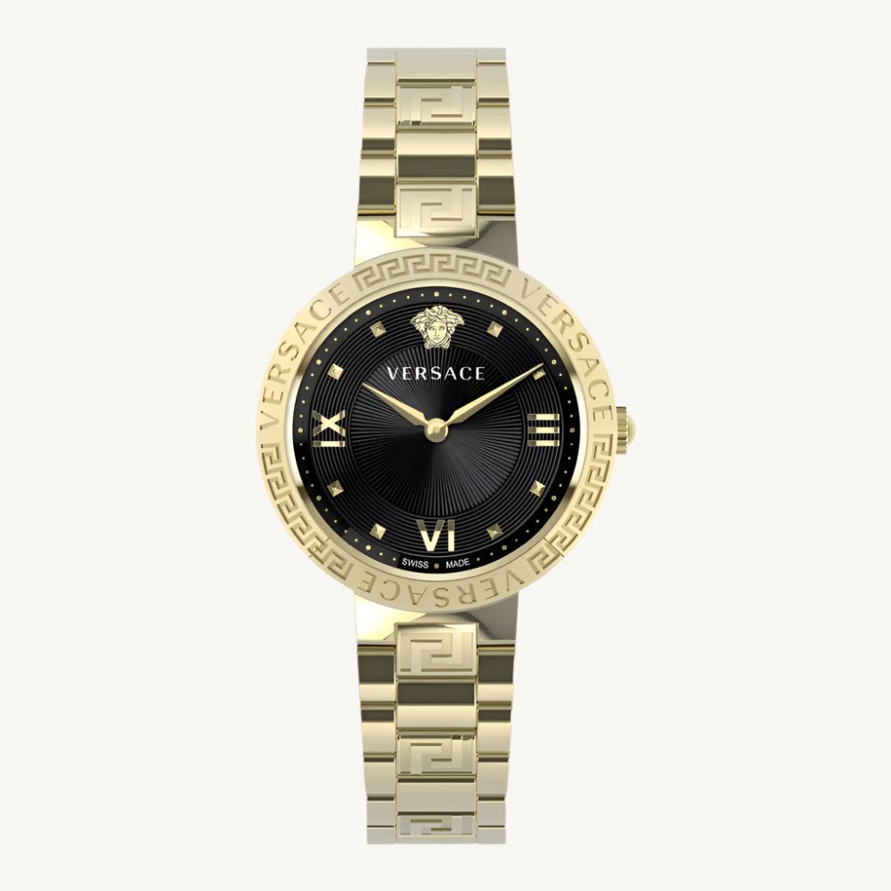 Versace VE2K00721 Greca ladies watch with polished gold-tone stainless steel case and bracelet, black dial, sapphire glass – luxury Swiss quartz timepiece for women.