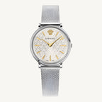 Stylish Versace VE8100519 V-Circle ladies watch featuring a sleek gold-tone case, white dial, and premium leather strap – luxury timepiece for women.