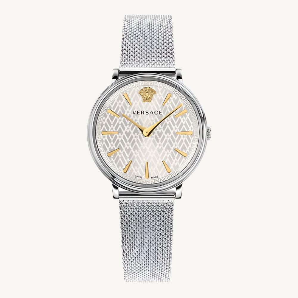 Stylish Versace VE8100519 V-Circle ladies watch featuring a sleek gold-tone case, white dial, and premium leather strap – luxury timepiece for women.