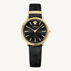 Elegant Versace VE8100819 V-Circle ladies wristwatch with gold-tone case and black leather strap, luxury designer accessory.