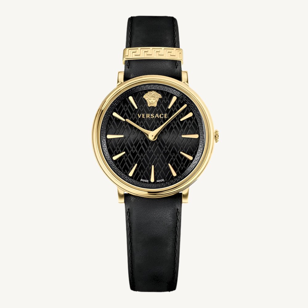 Elegant Versace VE8100819 V-Circle ladies wristwatch with gold-tone case and black leather strap, luxury designer accessory.