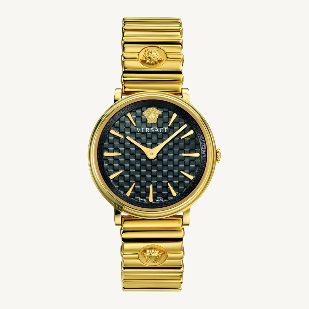 Versace VE8101519 V-Circle ladies watch with silver-tone dial, gold-tone stainless steel case, Greca pattern bezel, and black leather strap with Medusa logo.