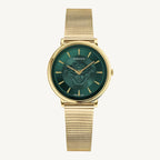 Versace VE8102519 V-Circle ladies watch with black dial, gold-tone stainless steel case, Greca pattern bezel, and black leather strap.
