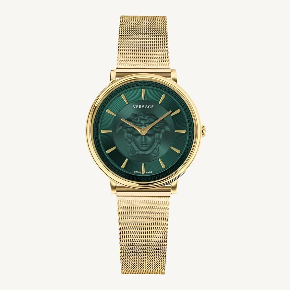 Versace VE8102519 V-Circle ladies watch with black dial, gold-tone stainless steel case, Greca pattern bezel, and black leather strap.