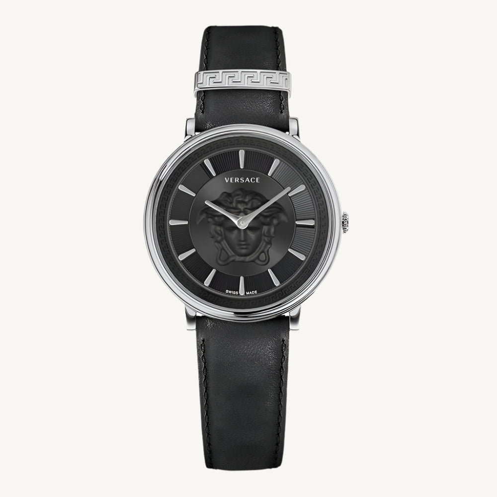Versace VE8102619 V-Circle ladies watch with white dial, gold-tone case, Greca detailing, and white leather strap featuring Medusa logo.