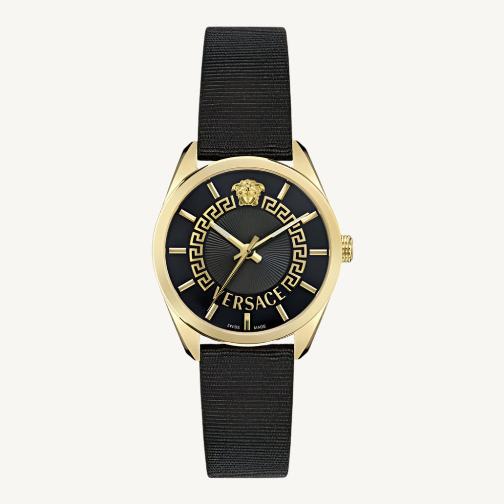 Versace VE8A00224 V-Circle ladies watch with silver-tone dial, gold-tone stainless steel mesh bracelet, and Greca pattern detailing.