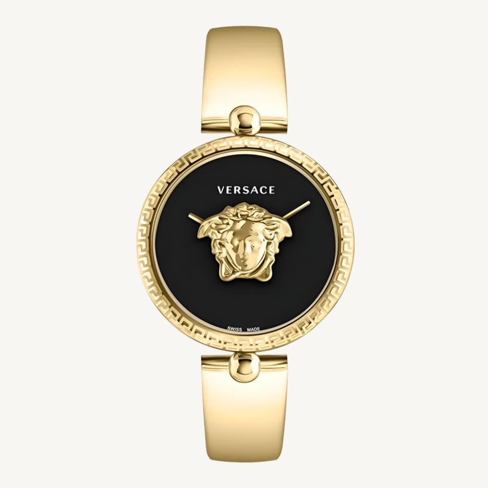 Versace VECO03122 Palazzo Empire ladies watch with 3D Medusa head on the dial, black case and strap, and bold gold-tone accents.