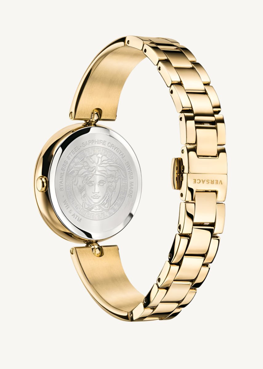 Versace VECO03122 Palazzo Empire ladies watch with 3D Medusa head on the dial, black case and strap, and bold gold-tone accents.