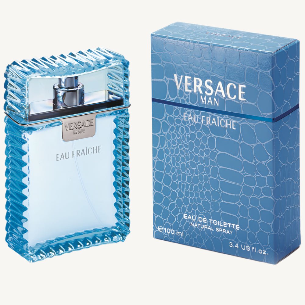 "Versace Man Eau Fraîche 3.4 oz Eau de Toilette Spray for men – a fresh, aquatic fragrance with notes of lemon, bergamot, and cedarwood in a stylish light blue bottle."