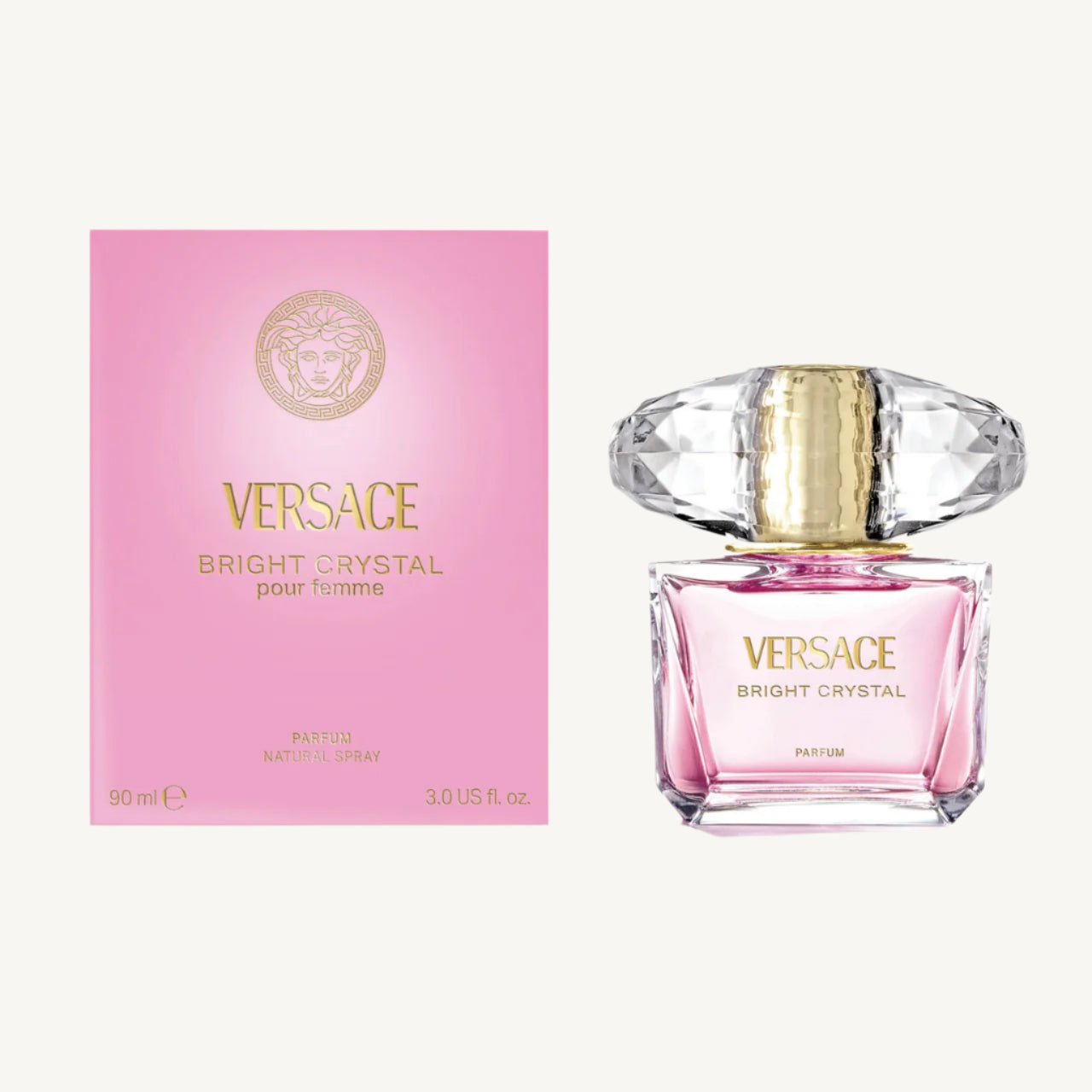 "Versace Bright Crystal 3 oz Parfum Spray for women – a radiant, long-lasting floral-fruity fragrance featuring notes of pomegranate, peony, magnolia, and musk."