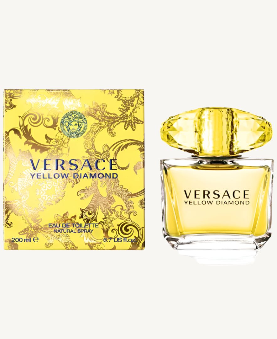 "Versace Yellow Diamond 6.7 oz Eau de Toilette Spray – a luxurious and radiant fragrance for women in a crystal-like yellow bottle."