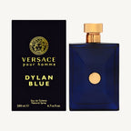 "Versace Dylan Blue 6.7 oz Eau de Toilette Spray for men – a bold and modern fragrance with notes of bergamot, grapefruit, incense, and musk, in a deep blue designer bottle."