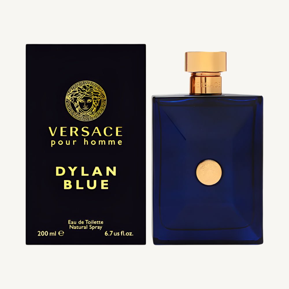 "Versace Dylan Blue 6.7 oz Eau de Toilette Spray for men – a bold and modern fragrance with notes of bergamot, grapefruit, incense, and musk, in a deep blue designer bottle."