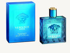 "Versace Eros 3.4 oz Eau de Toilette Spray for men – an intense and fresh masculine fragrance in a bold turquoise bottle with notes of mint, green apple, and vanilla."