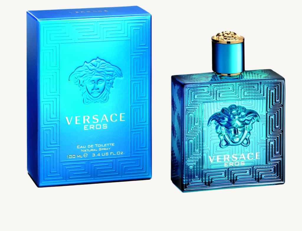 "Versace Eros 3.4 oz Eau de Toilette Spray for men – an intense and fresh masculine fragrance in a bold turquoise bottle with notes of mint, green apple, and vanilla."
