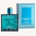 "Versace Eros 3.4 oz Eau de Parfum Spray for men – a powerful and seductive fragrance with intensified notes of mint, vanilla, amber, and woody accords in a deep turquoise bottle."
