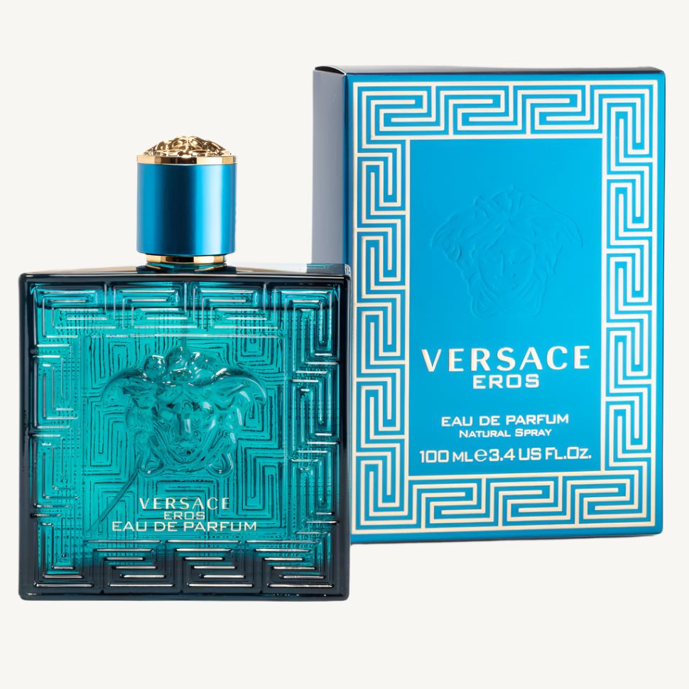 "Versace Eros 3.4 oz Eau de Parfum Spray for men – a powerful and seductive fragrance with intensified notes of mint, vanilla, amber, and woody accords in a deep turquoise bottle."