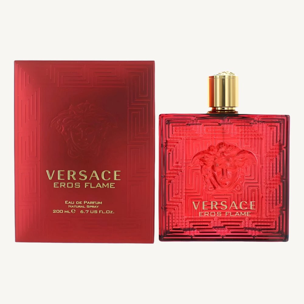 "Versace Eros Flame 6.7 oz Eau de Parfum Spray for men – a bold, passionate fragrance in a striking red bottle, blending spicy, woody, and citrus notes."