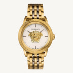 Versace Palazzo Empire men’s watch with silver dial, gold and grey two-tone stainless steel strap, and anti-reflective sapphire glass, Swiss made.