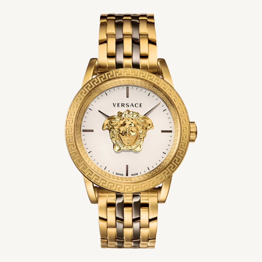 Versace Palazzo Empire men’s watch with silver dial, gold and grey two-tone stainless steel strap, and anti-reflective sapphire glass, Swiss made.