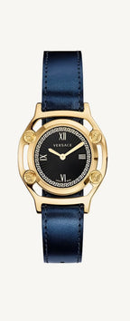 Versace VEVF00820 Medusa Frame ladies watch set featuring a gold-tone watch with Medusa logo, interchangeable bezels, and luxury gift packaging.