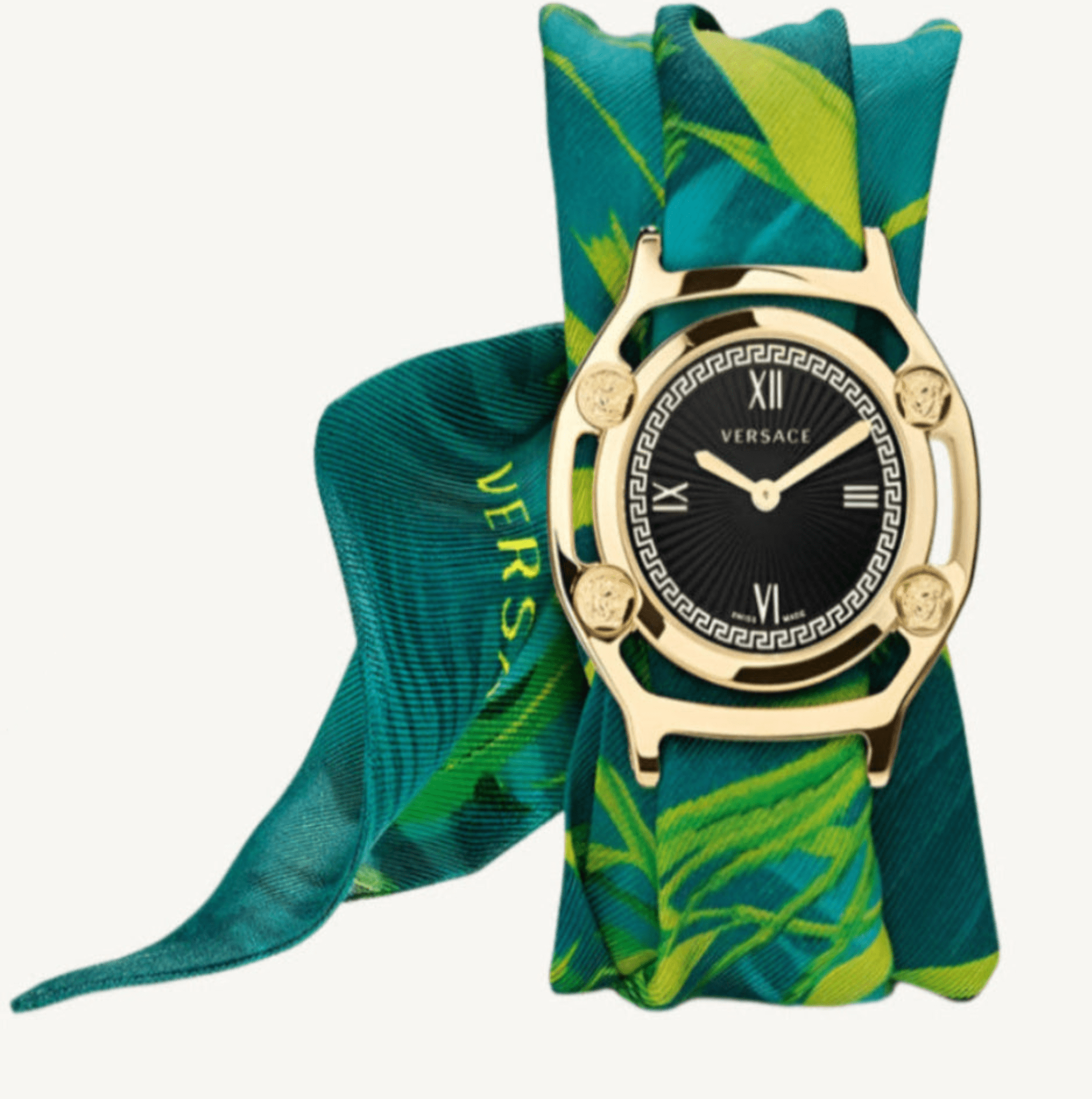 Versace VEVF00820 Medusa Frame ladies watch set featuring a gold-tone watch with Medusa logo, interchangeable bezels, and luxury gift packaging.