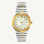 Versace VEVI00320 Greca Logo ladies watch with black dial, gold-tone case, Greca border, and black leather strap featuring the iconic Medusa logo.