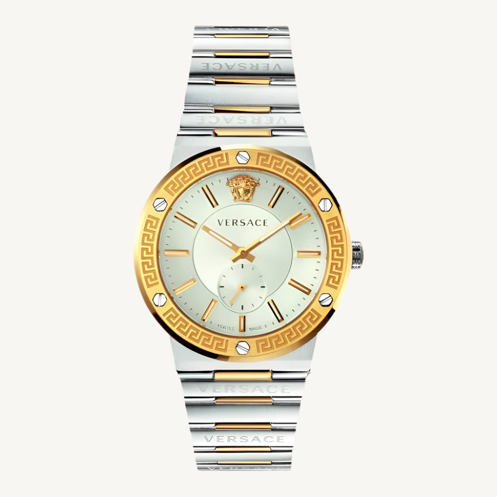 Versace VEVI00320 Greca Logo ladies watch with black dial, gold-tone case, Greca border, and black leather strap featuring the iconic Medusa logo.