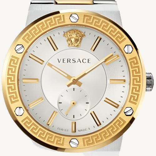 Versace VEVI00320 Greca Logo ladies watch with black dial, gold-tone case, Greca border, and black leather strap featuring the iconic Medusa logo.
