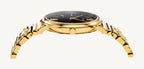 Versace VE8101519 V-Circle ladies watch with silver-tone dial, gold-tone stainless steel case, Greca pattern bezel, and black leather strap with Medusa logo.