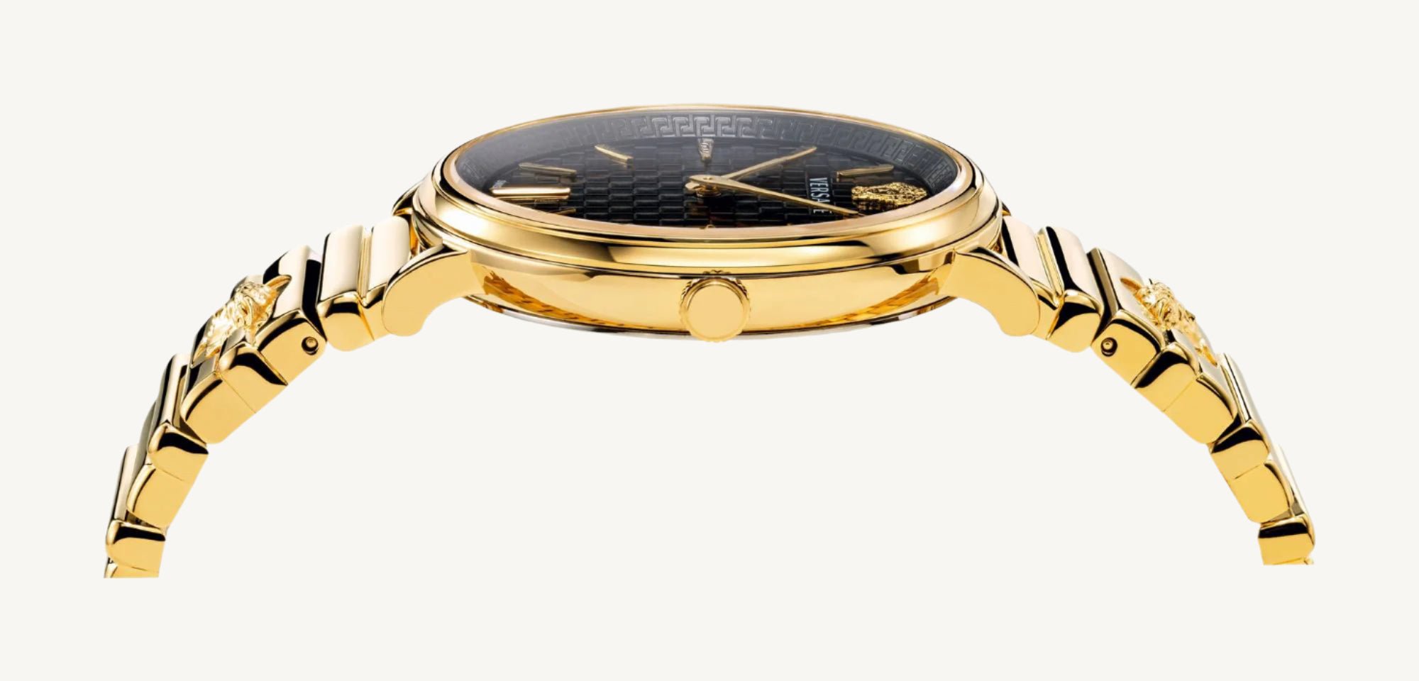 Versace VE8101519 V-Circle ladies watch with silver-tone dial, gold-tone stainless steel case, Greca pattern bezel, and black leather strap with Medusa logo.