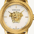 Versace Palazzo Empire men’s watch with silver dial, gold and grey two-tone stainless steel strap, and anti-reflective sapphire glass, Swiss made.