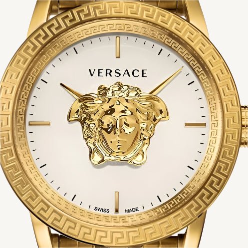 Versace Palazzo Empire men’s watch with silver dial, gold and grey two-tone stainless steel strap, and anti-reflective sapphire glass, Swiss made.