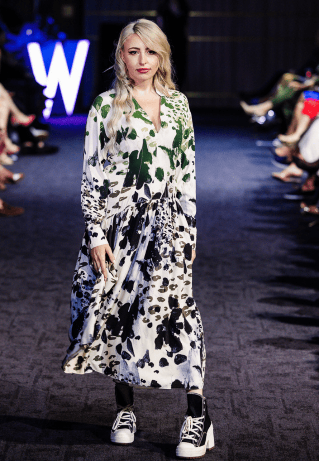 "Agnese Leopard Maxi Dress with ombré leopard print, Split V-neckline, waist-accentuating draping, and buttoned cuffs, crafted in Italy from natural viscose."