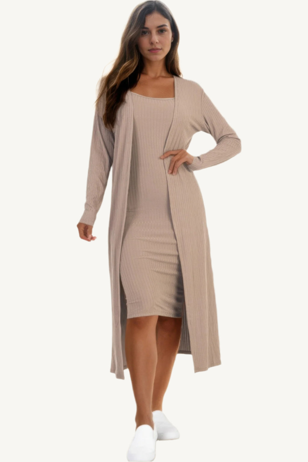 "Ribbed cardigan and cami midi bodycon dress set – soft, stretchy knit fabric for a flattering and comfortable all-day fit."