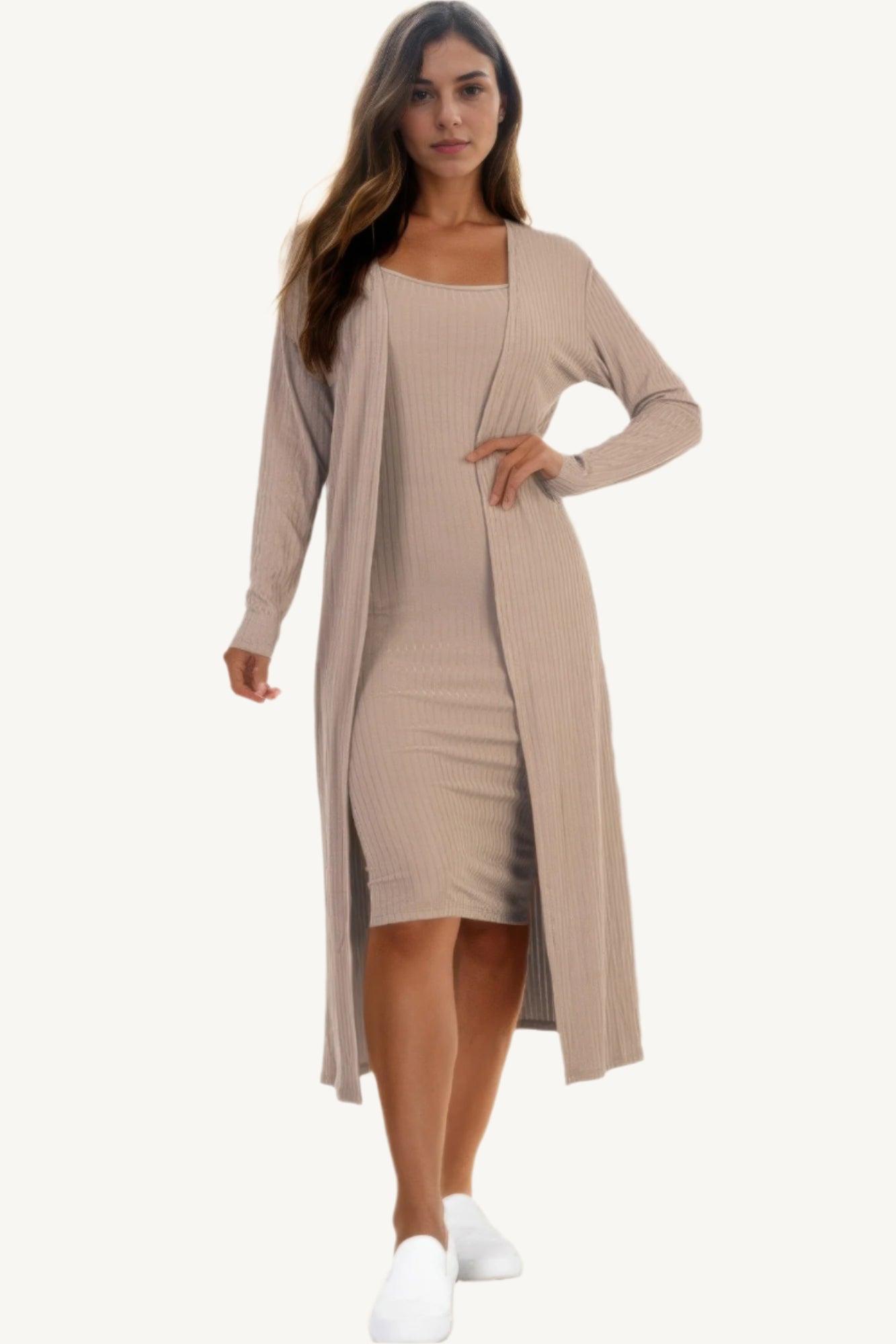 "Ribbed cardigan and cami midi bodycon dress set – soft, stretchy knit fabric for a flattering and comfortable all-day fit."