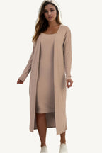 "Ribbed cardigan and cami midi bodycon dress set – soft, stretchy knit fabric for a flattering and comfortable all-day fit."