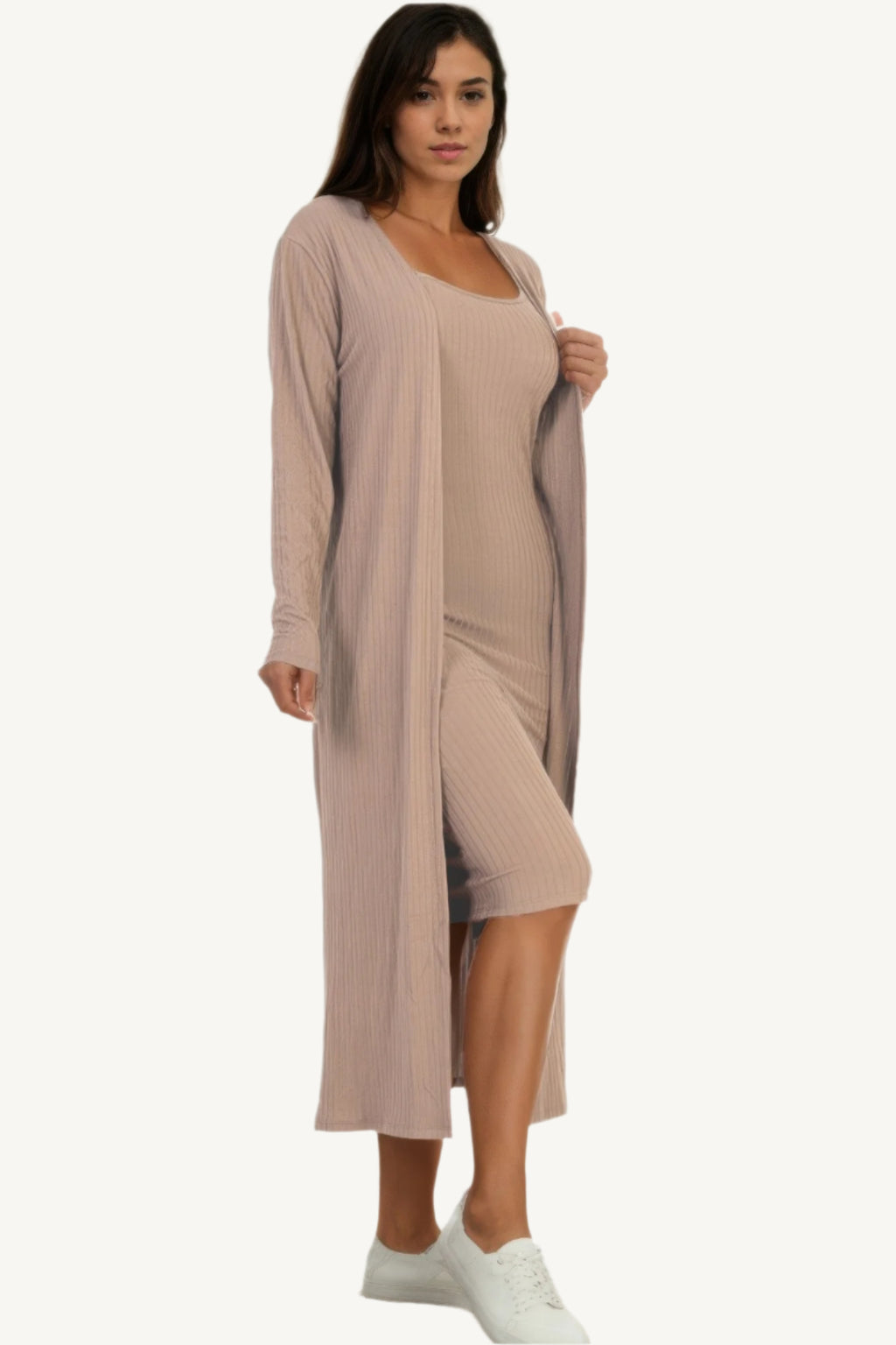 "Ribbed cardigan and cami midi bodycon dress set – soft, stretchy knit fabric for a flattering and comfortable all-day fit."