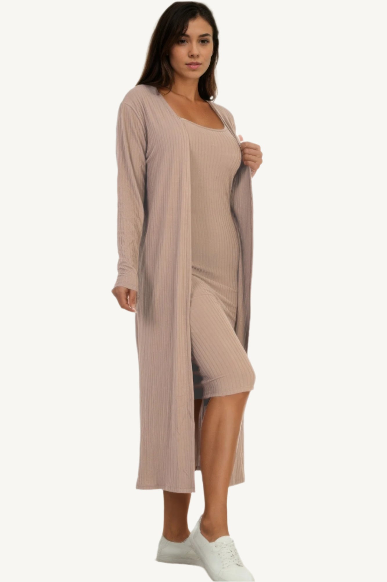 "Ribbed cardigan and cami midi bodycon dress set – soft, stretchy knit fabric for a flattering and comfortable all-day fit."