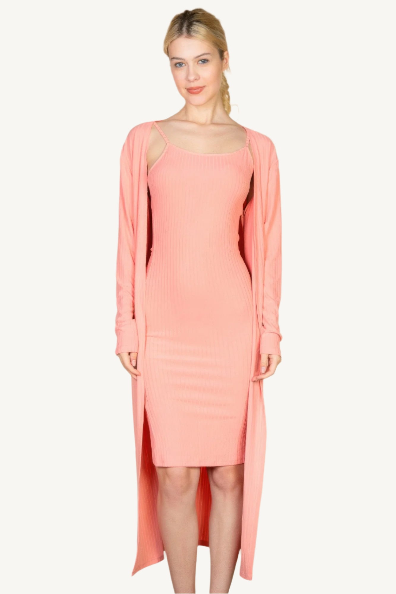 "Ribbed cardigan and cami midi bodycon dress set – soft, stretchy knit fabric for a flattering and comfortable all-day fit."