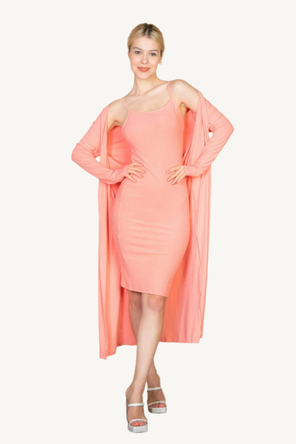 "Ribbed cardigan and cami midi bodycon dress set – soft, stretchy knit fabric for a flattering and comfortable all-day fit."