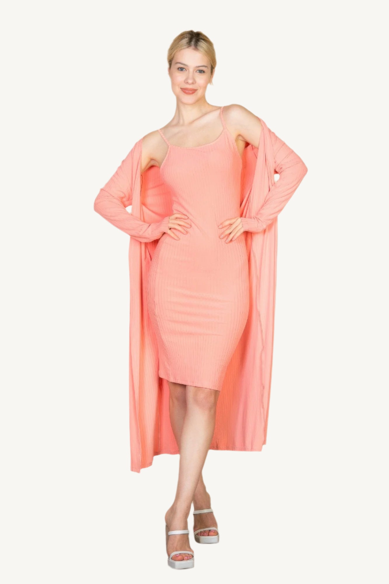 "Ribbed cardigan and cami midi bodycon dress set – soft, stretchy knit fabric for a flattering and comfortable all-day fit."
