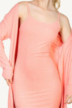 "Ribbed cardigan and cami midi bodycon dress set – soft, stretchy knit fabric for a flattering and comfortable all-day fit."