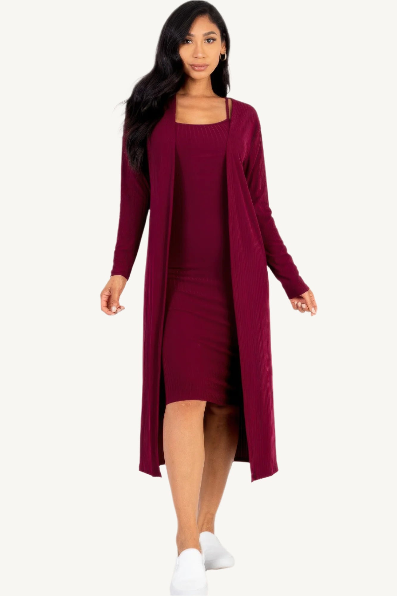 "Ribbed cardigan and cami midi bodycon dress set – soft, stretchy knit fabric for a flattering and comfortable all-day fit."