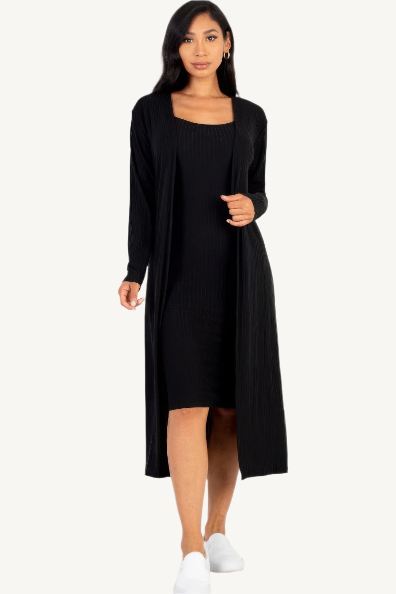 "Ribbed cardigan and cami midi bodycon dress set – soft, stretchy knit fabric for a flattering and comfortable all-day fit."
