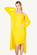 "Ribbed cardigan and cami midi bodycon dress set – soft, stretchy knit fabric for a flattering and comfortable all-day fit."