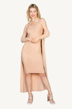 "Ribbed cardigan and cami midi bodycon dress set – soft, stretchy knit fabric for a flattering and comfortable all-day fit."