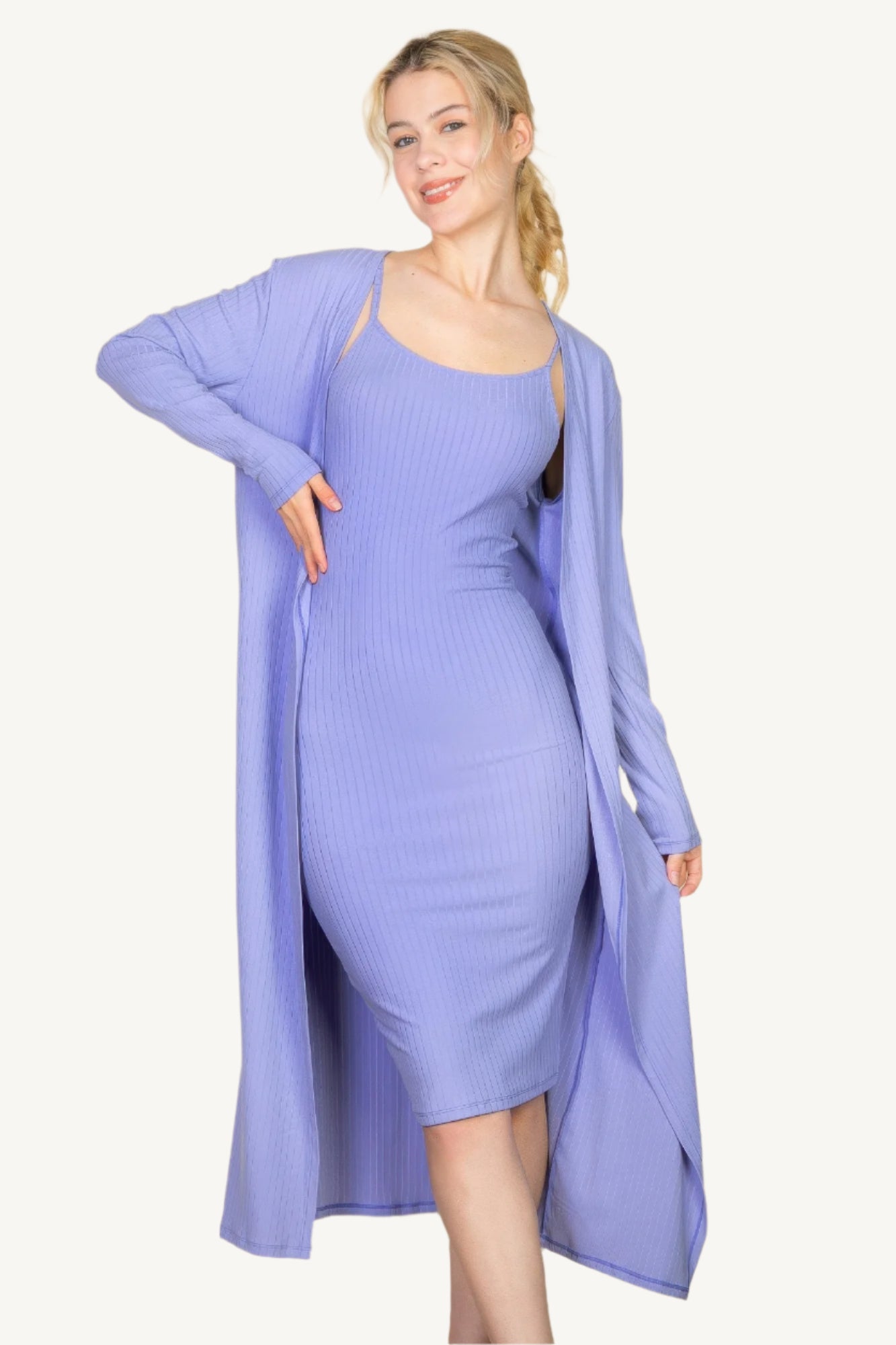 "Ribbed cardigan and cami midi bodycon dress set – soft, stretchy knit fabric for a flattering and comfortable all-day fit."
