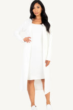 "Ribbed cardigan and cami midi bodycon dress set – soft, stretchy knit fabric for a flattering and comfortable all-day fit."